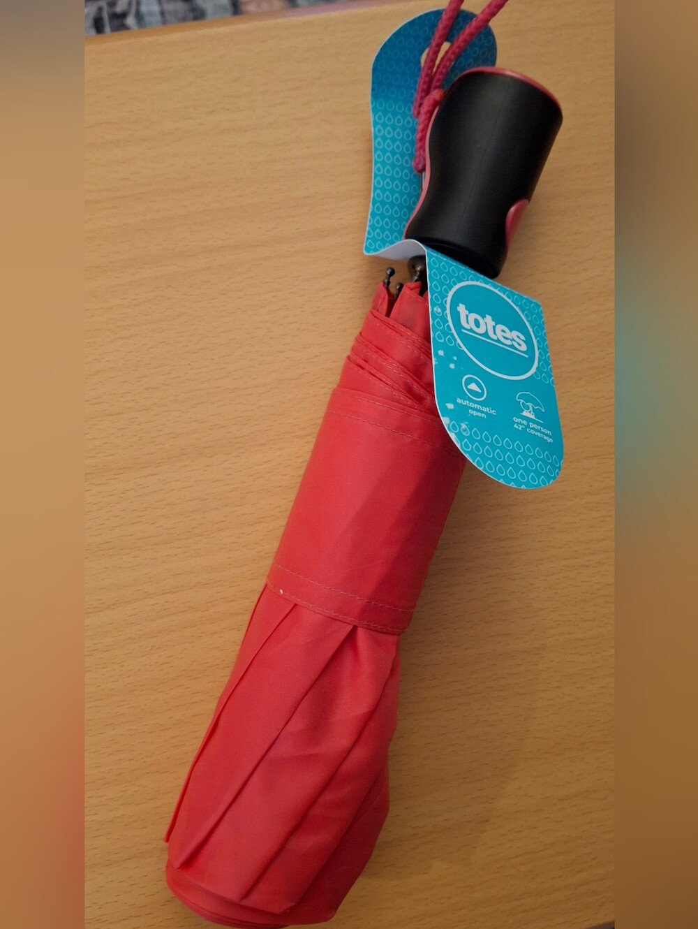 totes Automatic Open Compact/Folding Umbrella Pink/Black 42" Coverage 0RMAO BAS